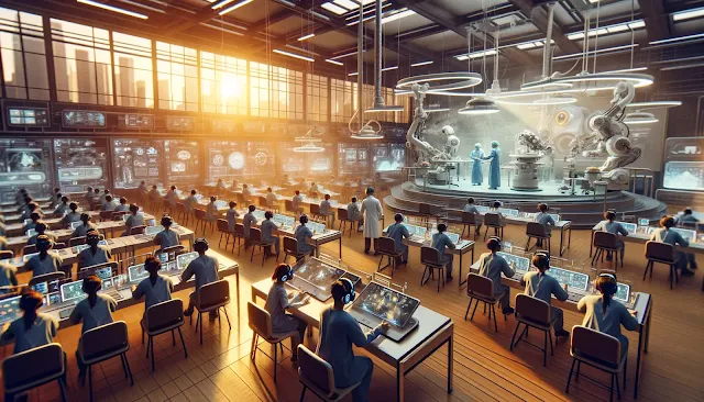 A landscape of a futuristic training facility with learners using VR and AR technology for immersive education.