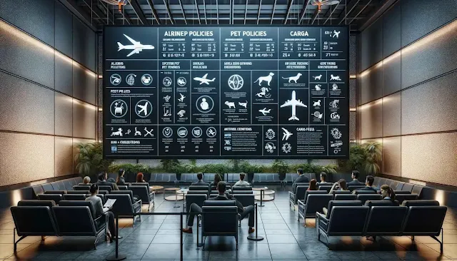 Airline Pet Policies: A Detailed Comparison "Comparison chart of airline pet policies, highlighting differences in in-cabin, checked, and cargo travel options, breed restrictions, and fee structures for several major airlines."