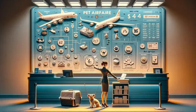 Breakdown of Pet Airfare and Fees "Chart illustrating the breakdown of pet airfare and fees, showcasing various airline charges, mandatory pet health check fees, and carrier costs."