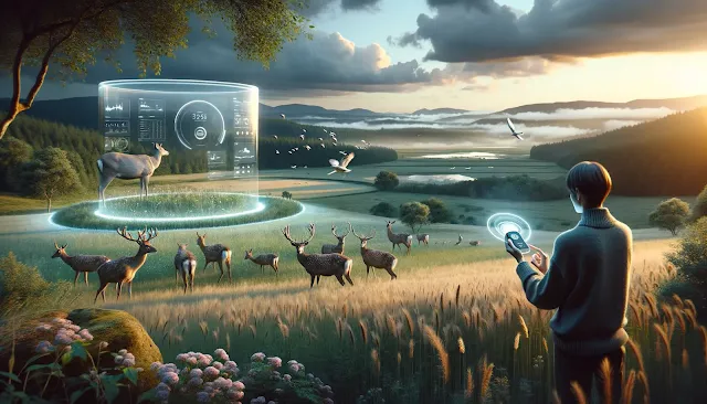 A vintage 35mm film-style landscape showcasing harmonious interaction between humans, technology, and nature with eco-friendly innovations.