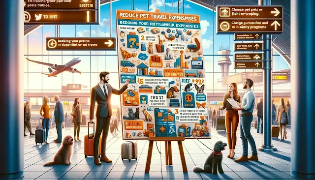Tips for Reducing Pet Travel Expenses "Visual guide offering tips on reducing pet travel expenses, including choosing budget-friendly airlines, using airline-approved pet carriers, and planning ahead for health certifications."